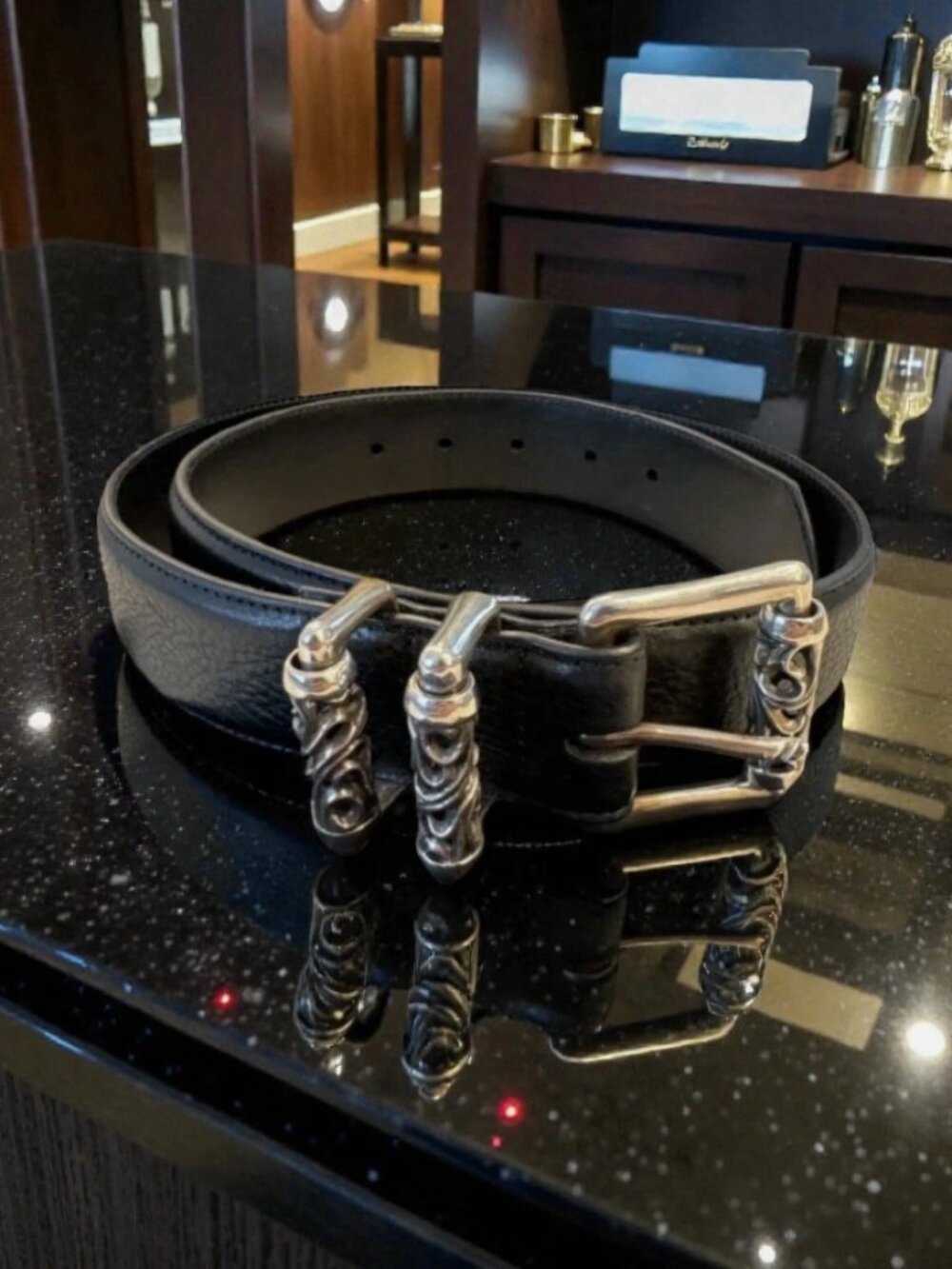 Chrome Hearts Roller Black Belt Leather Strap w/ Silver Buckle 34 Inch Waist